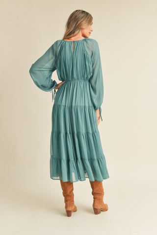 Green Tiered Ruffle Sleeve Midi Dress