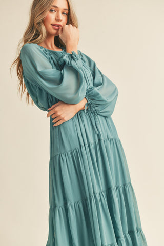 Green Tiered Ruffle Sleeve Midi Dress