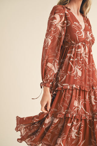 Brown Floral Chiffon Ruffle Tiered Midi Dress