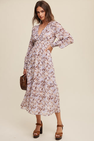 Mocha Leaf Print Ruffled V-Neck Chiffon Maxi Dress