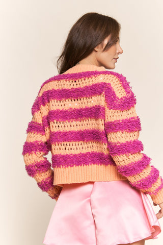 Tangerine Fuchsia Fuzzy Stripe Long Sleeve Cardigan