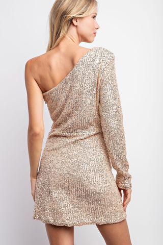 Rose Gold One Shoulder Sequin Mini Dress