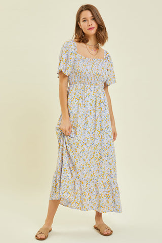 Light Blue Floral Smocked Maxi Dress