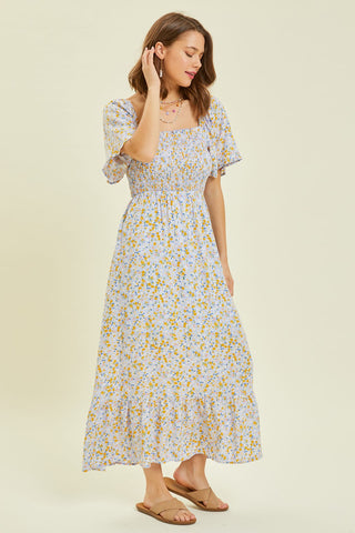 Light Blue Floral Smocked Maxi Dress