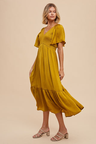 Gold Satin Smocked Midi Dress