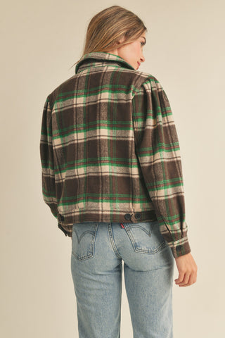 Brown Green Checker Plaid Shacket