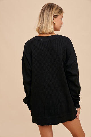 Black Waffle Knit Deep V-Neck Top