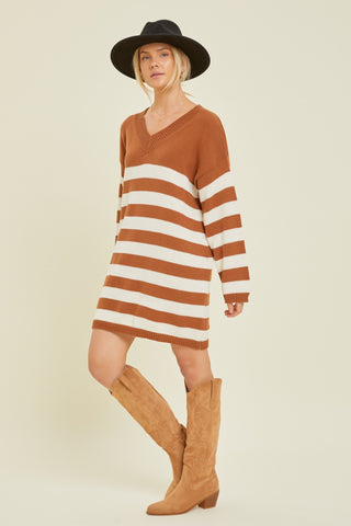 Camel Striped V-Neck Sweater Dress