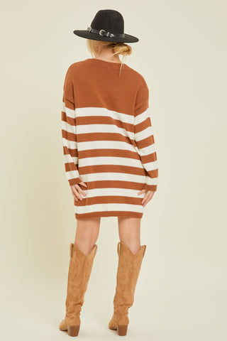 Camel Striped V-Neck Sweater Dress