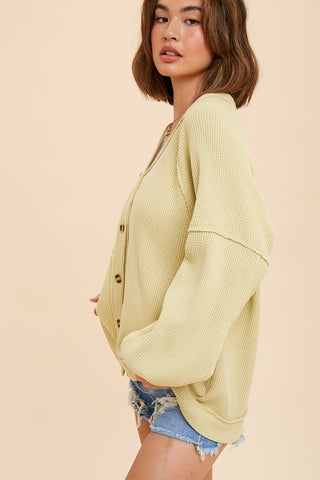 Lime Waffle Knit Button Long Sleeve Top