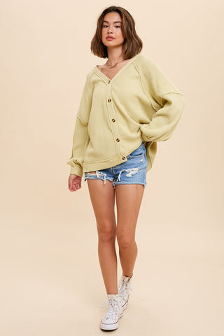 Lime Waffle Knit Button Long Sleeve Top