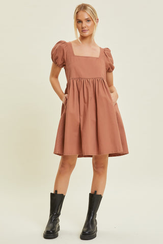 Rust Puff Sleeve Back Tie Dress