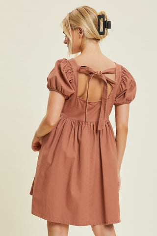 Rust Puff Sleeve Back Tie Dress