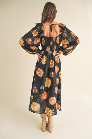 Black Floral Jacquard Chiffon Balloon Sleeve Midi Dress