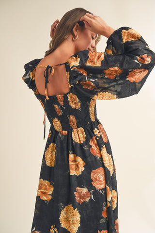 Black Floral Jacquard Chiffon Balloon Sleeve Midi Dress