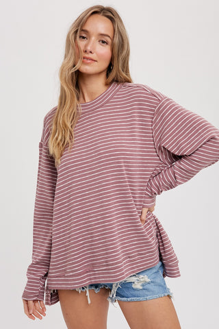 Mauve Crewneck  Slouchy Stripe Top