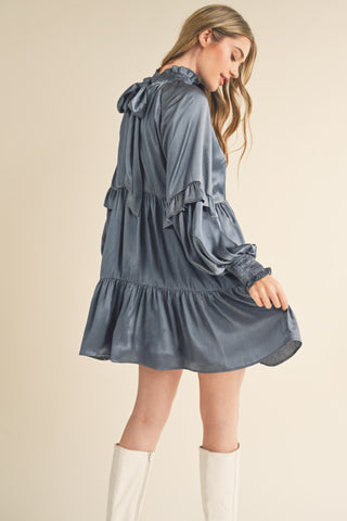 Dusty Denim Blue Mock Neck Tiered Mini Dress