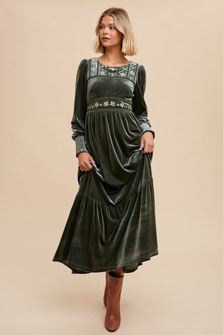 Olive Folklore Embroidered Velvet Dress