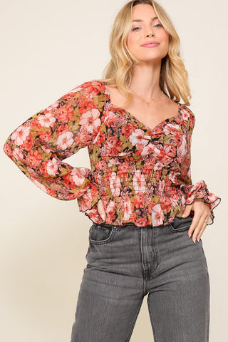 Black Combo Floral Print Smocked Chiffon Top