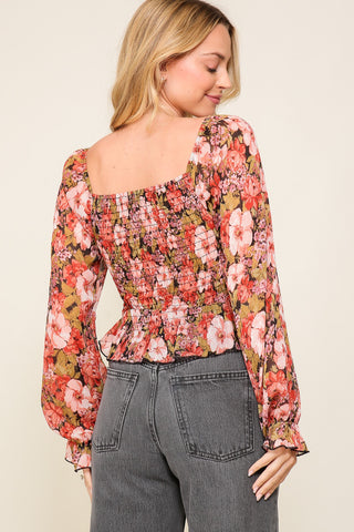 Black Combo Floral Print Smocked Chiffon Top