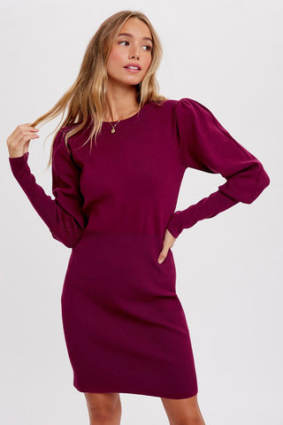 Plum Puff Sleeves Sweater Dress