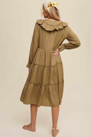 Olive Ruffle Detail Tiered Long Sleeve Midi Dress