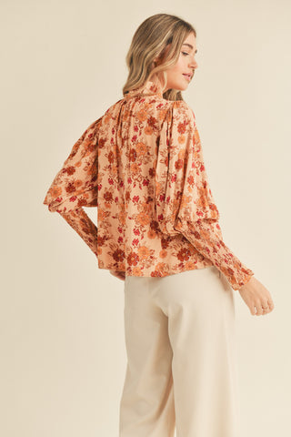 Rose Bud Multi Floral Tie Neck Smocked Sleeve Top