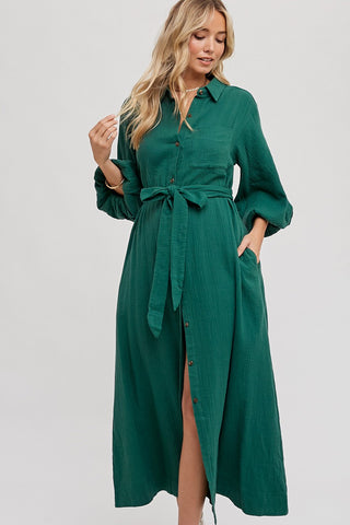 Forest Green Gauze Belted Shirt Midi Dress