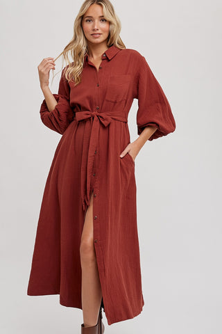 Rust Gauze Belted Shirt Midi Dress