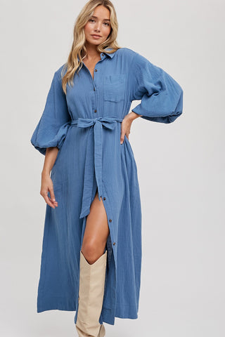 Blue Gauze Belted Shirt Midi Dress