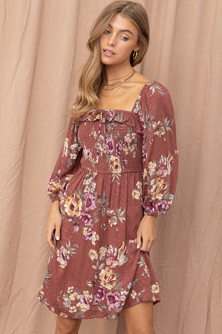 Wine Jacquard Floral Print Dress