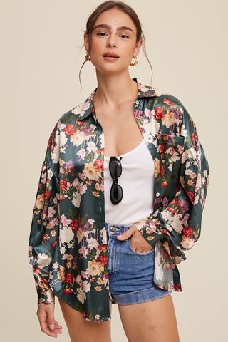 Teal Flower Print Button Down Oversized Satin Blouse