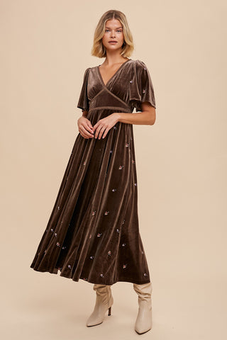 Pewter All Over Floral Embroidered Velvet Maxi Dress