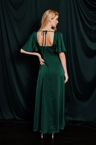 Hunter Green Satin Flutter Sleeve Plunging Maxi Dress