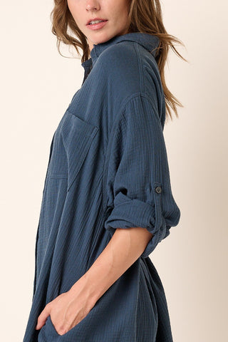 Navy Blue Gauze Button Down Dress