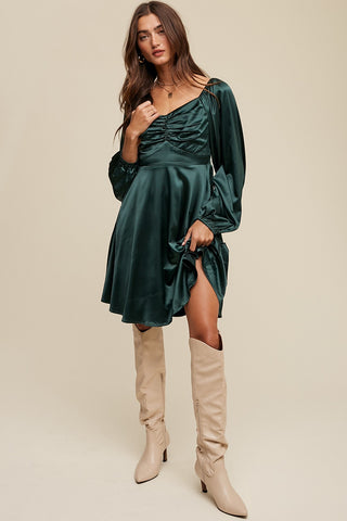 Deep Green Cinched Long Sleeve Satin Dress