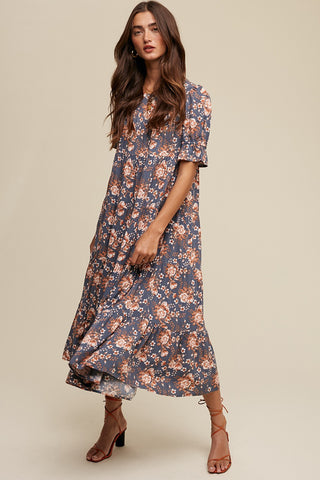 Blue Floral Ruffle Short Sleeve Tiered Midi Dress