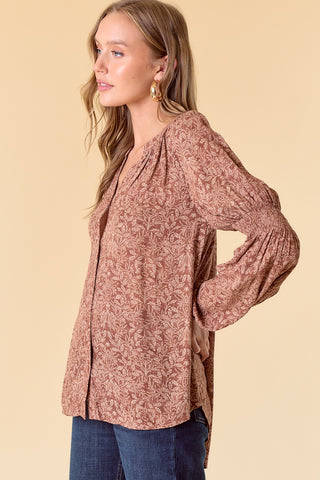 Pale Mocha Smocked Sleeve Hi-Low Blouse