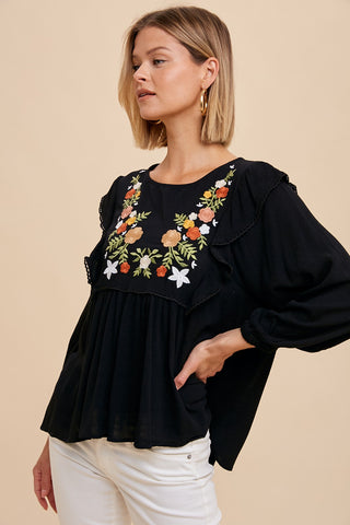 Black Embroidered Ruffle Shoulder Blouse