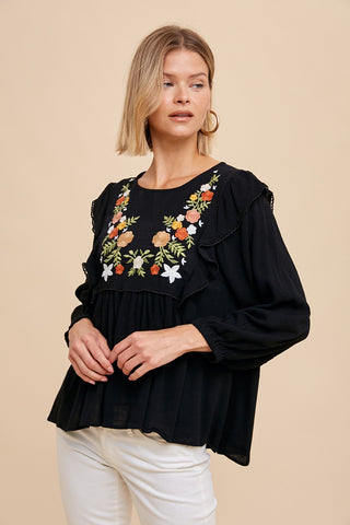 Black Embroidered Ruffle Shoulder Blouse