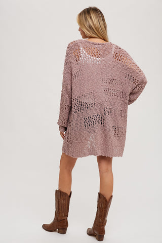 Mauve Open Knit Long Cardigan