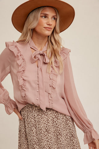 Mauve Front Tied Ruffle Shirring Button Up Chiffon