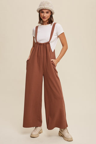 Mocha Ribbed Drawstring Wide Leg Jumpsuit