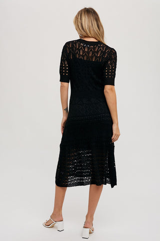 Black Open Knit Crochet Midi Dress