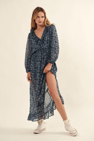 Indigo Floral Chiffon Ruffled Surplice Maxi Dress