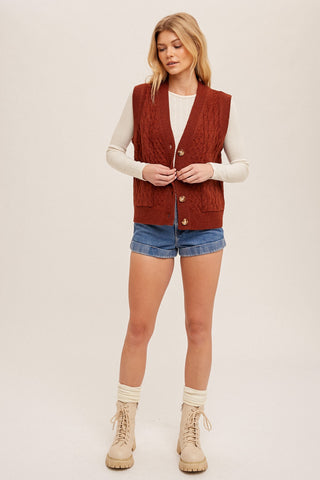 Rust Cable Knit Oversized Sweater Vest With Pockets