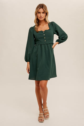 Hunter Green Square Neckline Ruffle Trim Babydoll Dress