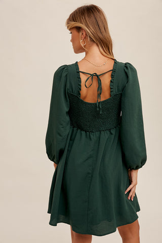 Hunter Green Square Neckline Ruffle Trim Babydoll Dress