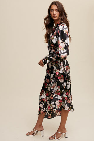 Black Floral Print Long Seeve Satin Wrap Midi Dress