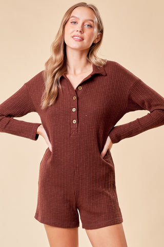 Brown Rib Knit Collared Romper